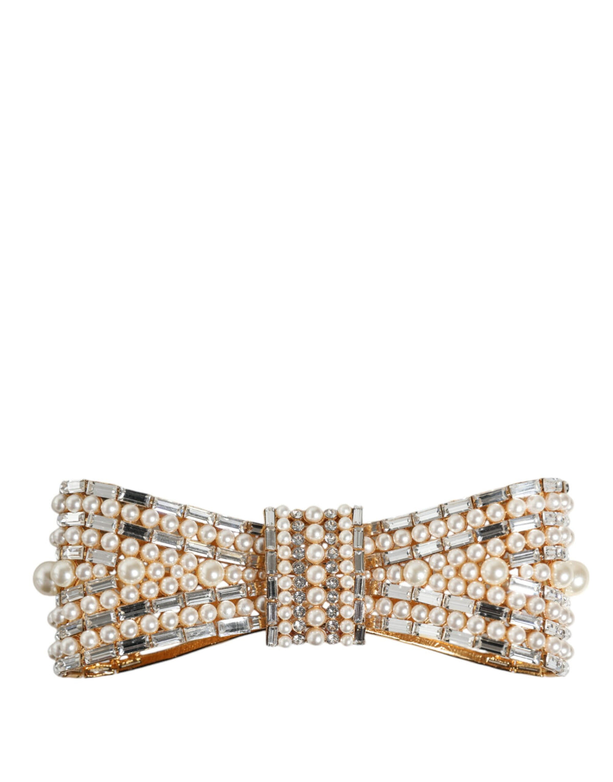 Gold tone brass bow brooch with crystal accents and faux pearl embellishments, elegant accessory by Dolce & Gabbana.