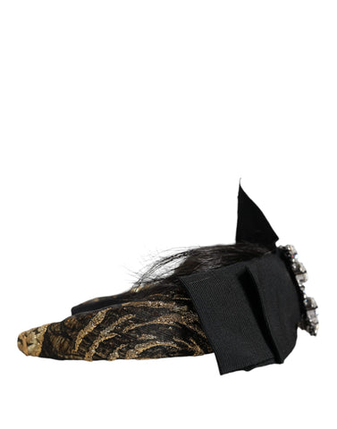 Black crystal headband diadem by Dolce & Gabbana with intricate detailing, worn as a stylish hair accessory for elegant looks.