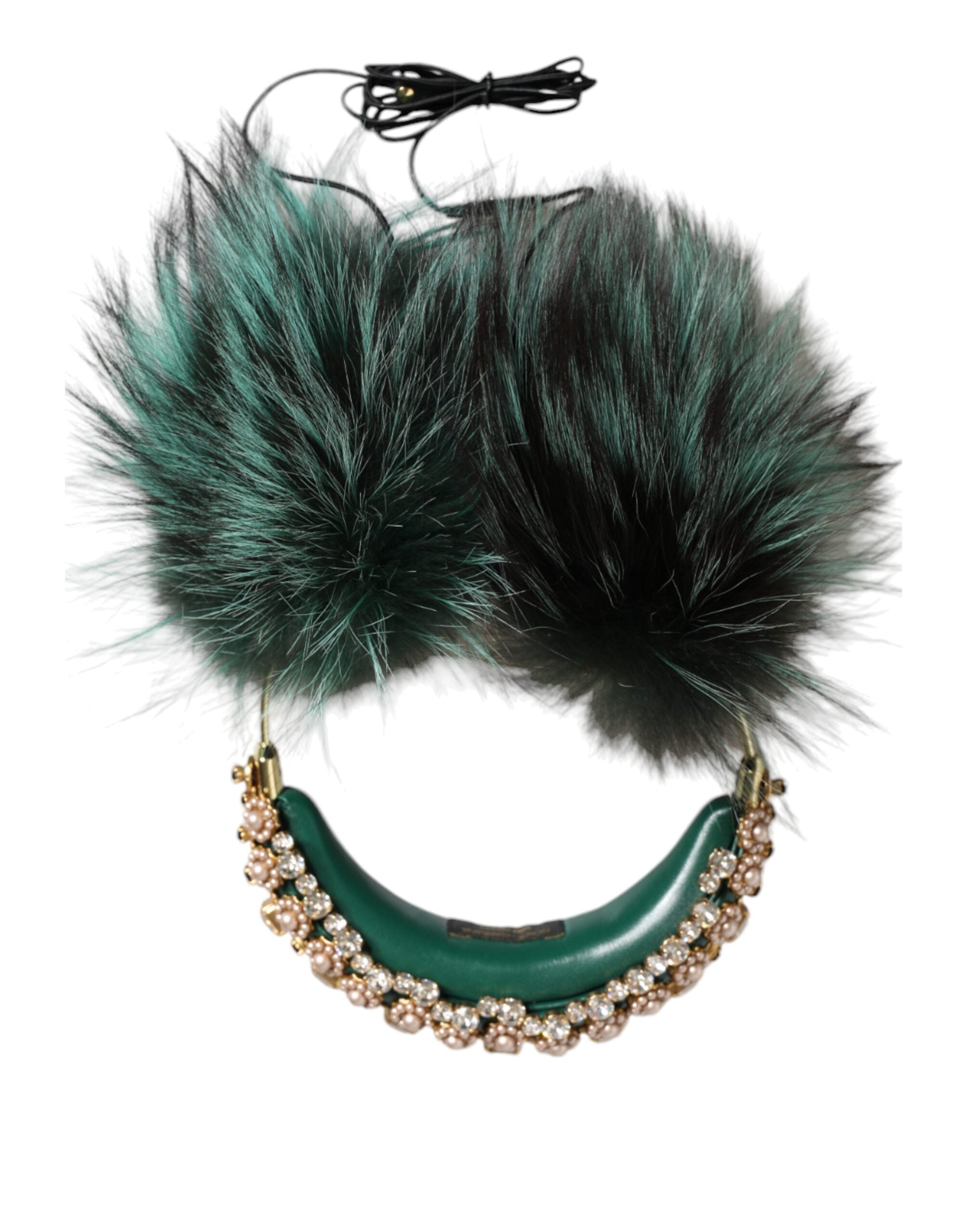Green gold crystal fur Dolce & Gabbana headset with audio AUX headphones, featuring luxurious design and plush fur accents.