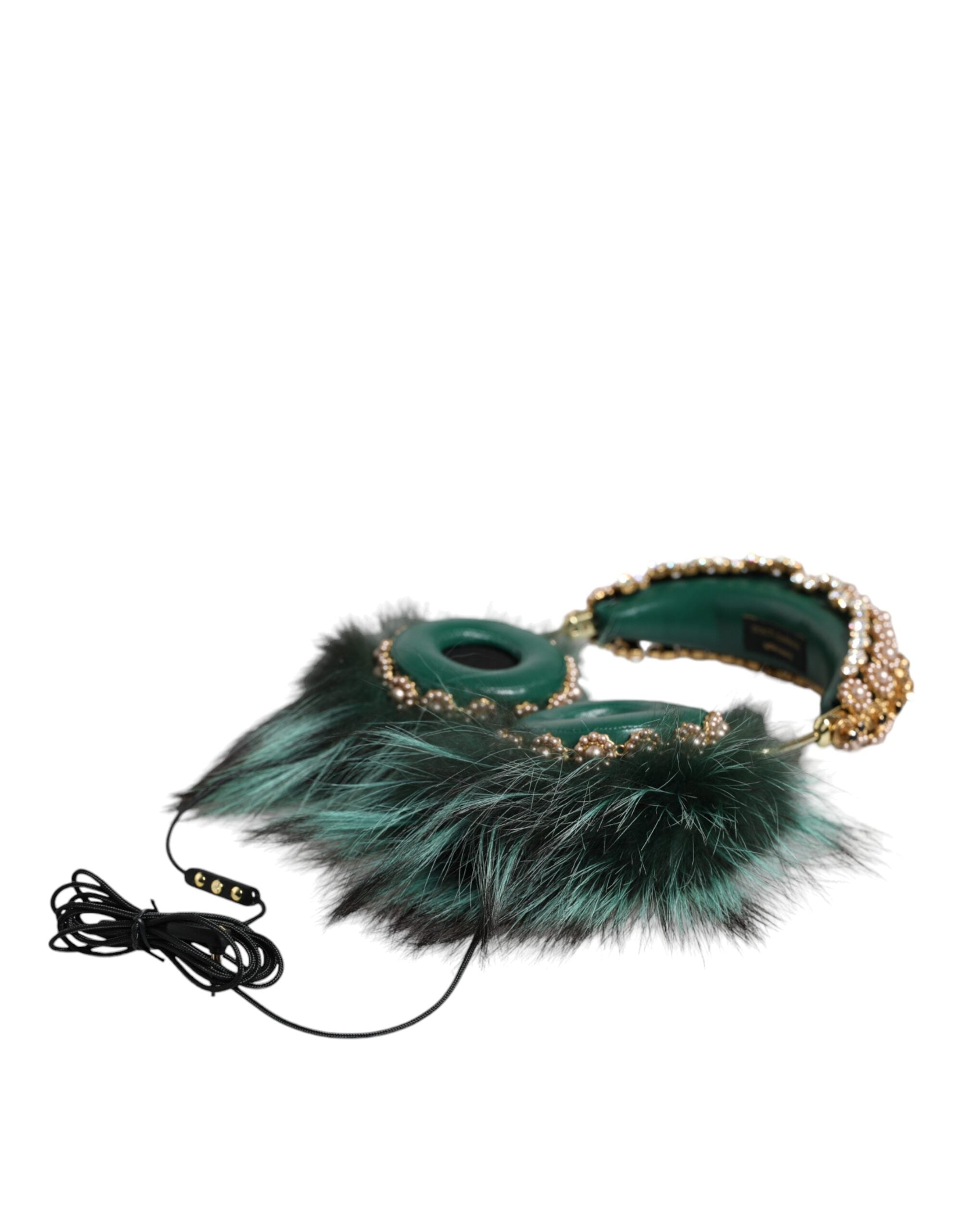 Green Gold Crystal Fur headset with Dolce & Gabbana branding, featuring audio AUX headphones and luxurious fur accents.