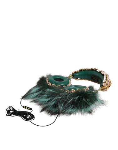 Green Gold Crystal Fur headset with Dolce & Gabbana branding, featuring audio AUX headphones and luxurious fur accents.