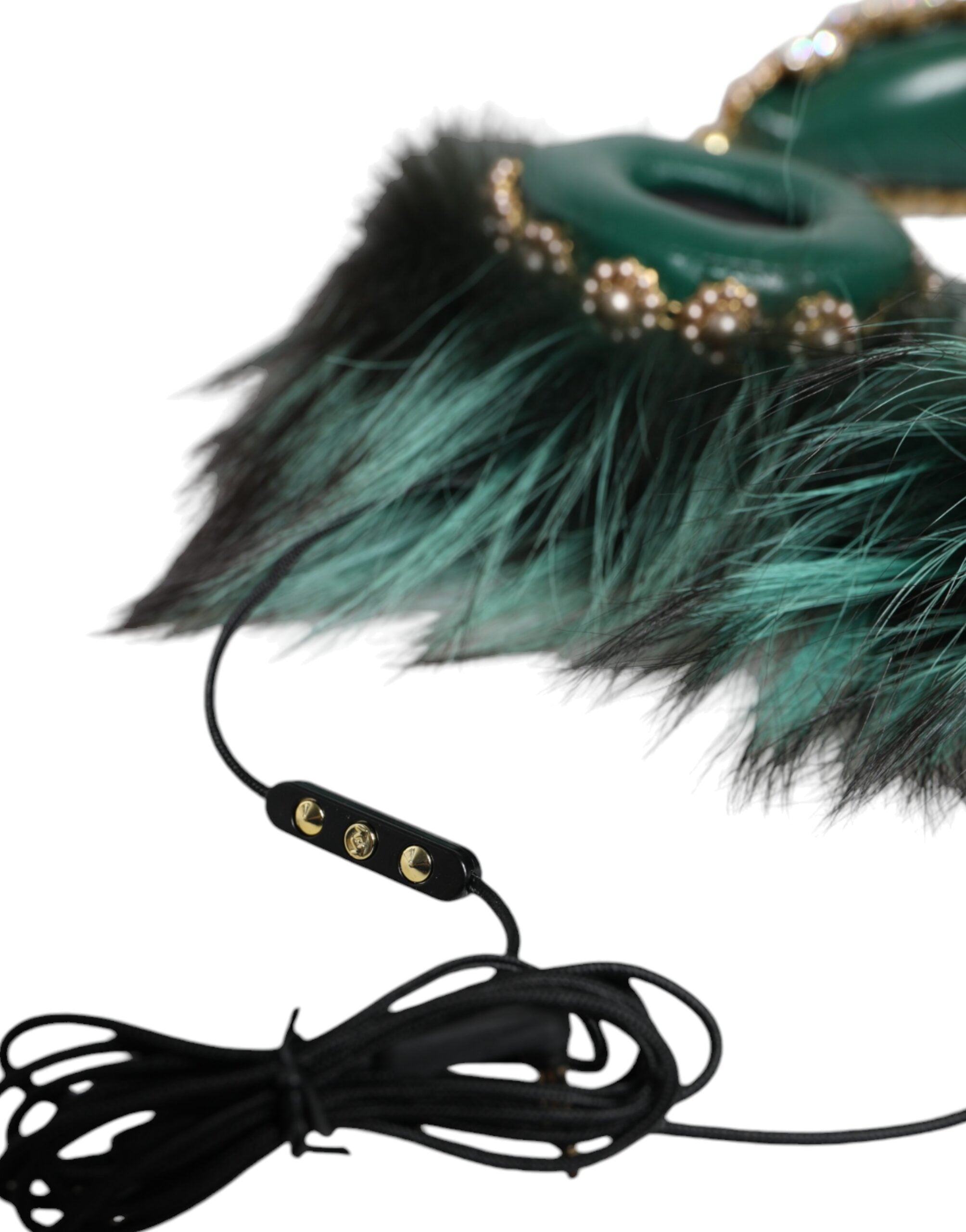Dolce & Gabbana green gold crystal fur headset with audio AUX headphones, featuring luxurious fur and elegant design.
