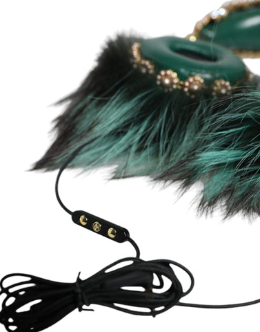 Dolce & Gabbana green gold crystal fur headset with audio AUX headphones, featuring luxurious fur and elegant design.