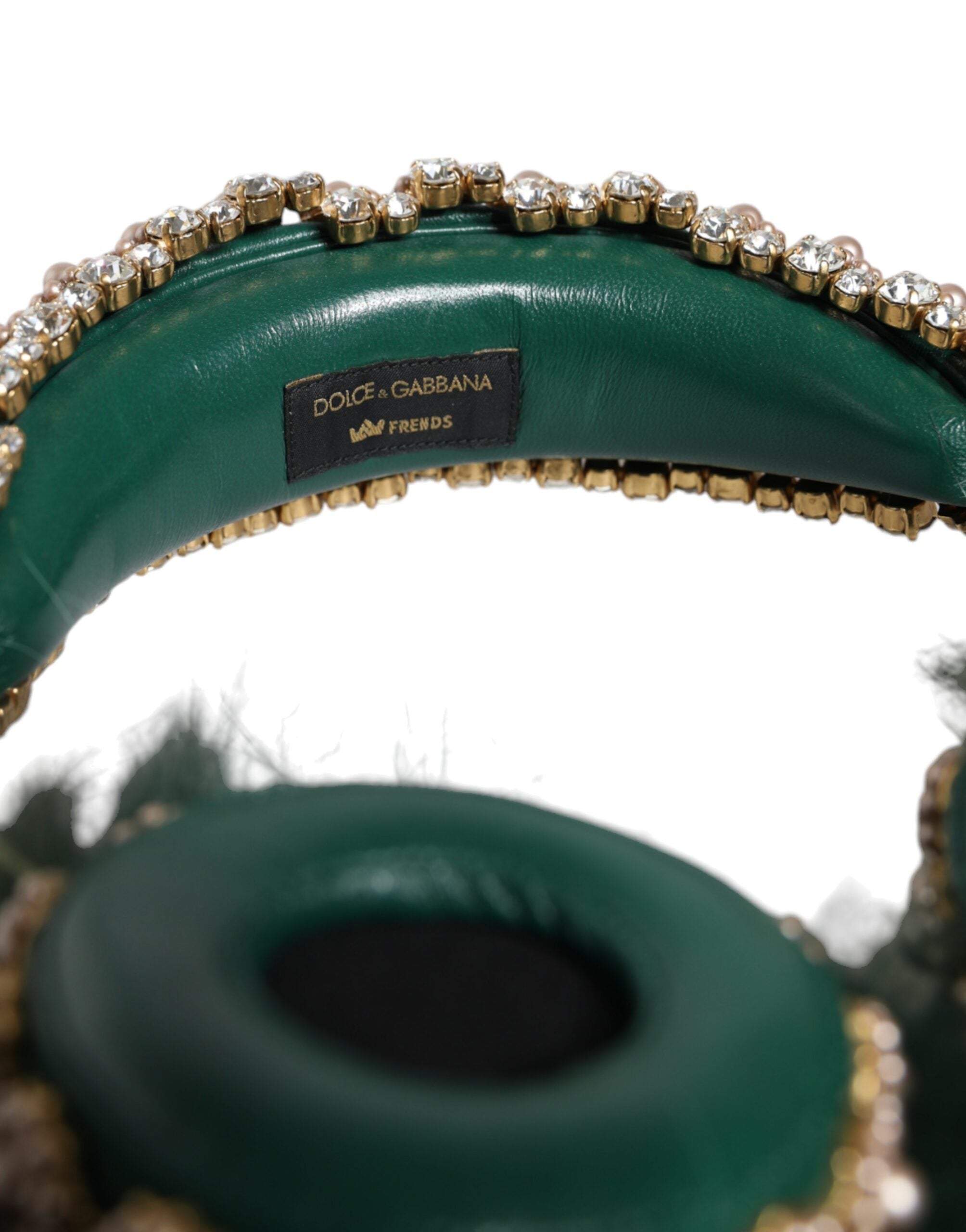 Green Gold Crystal Fur Dolce & Gabbana headset with audio AUX headphones, featuring luxurious fur and crystal accents.