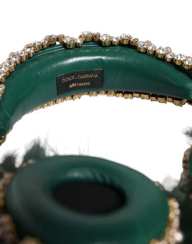 Green Gold Crystal Fur Dolce & Gabbana headset with audio AUX headphones, featuring luxurious fur and crystal accents.