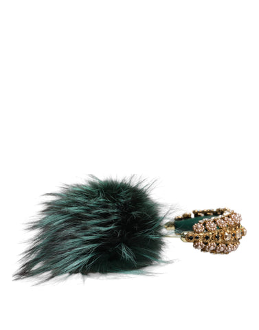 Green Gold Crystal Fur Dolce & Gabbana headset with audio AUX headphones, featuring luxurious fur and crystal accents.