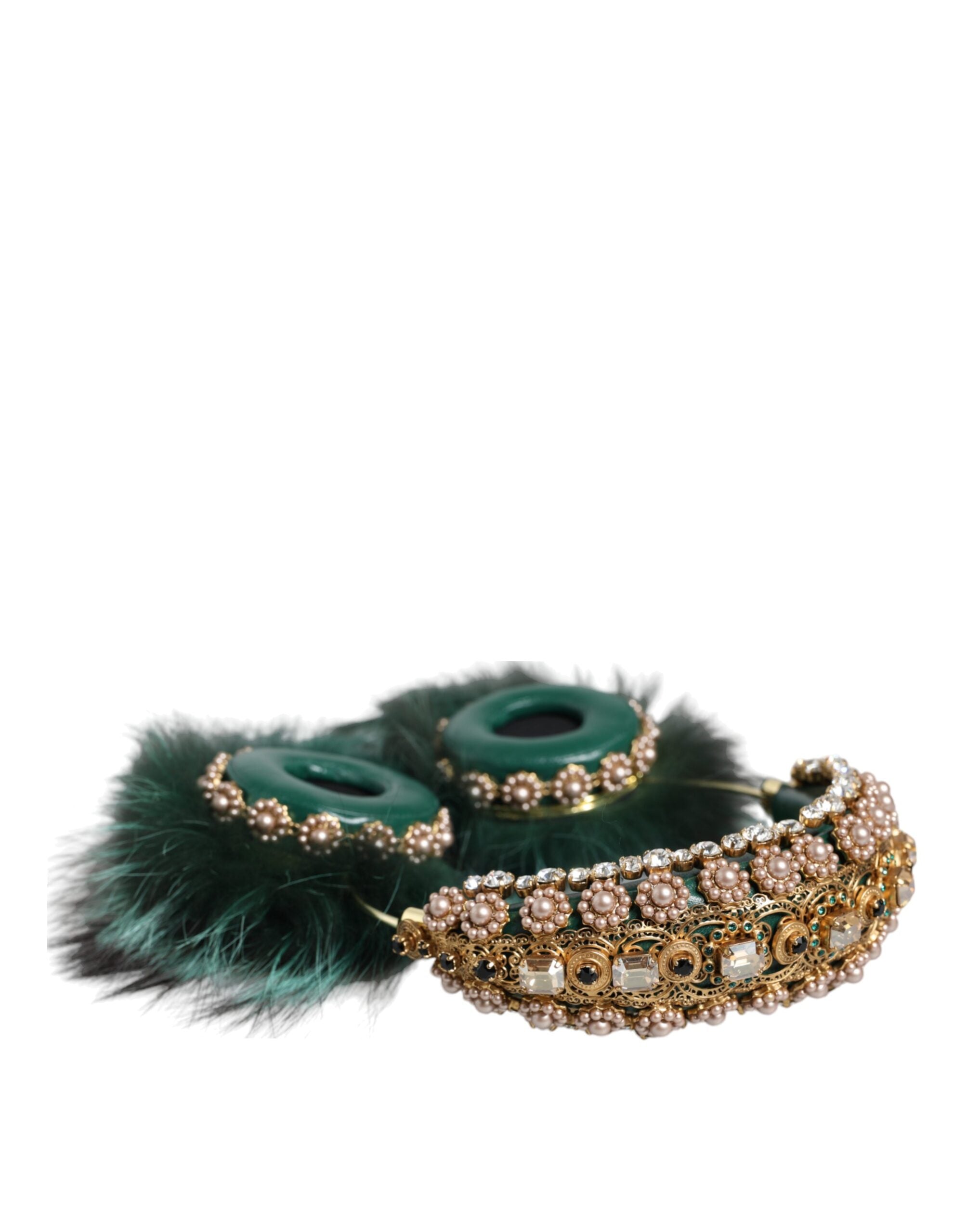 Green Gold Crystal Fur Dolce & Gabbana headphones with audio AUX cable and plush fur covering, stylish and luxurious.