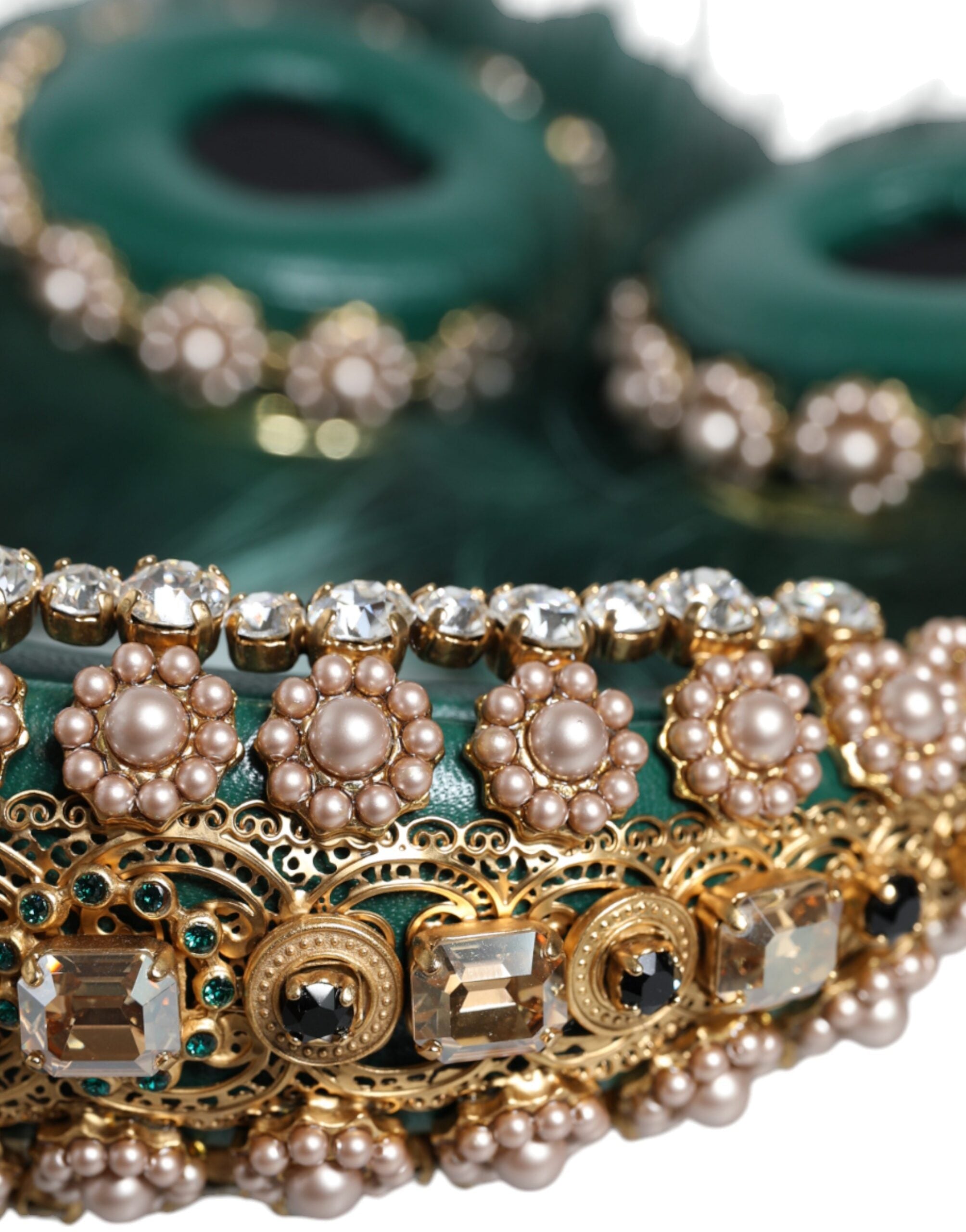 Green gold crystal fur Dolce & Gabbana headset with audio AUX headphones, featuring luxurious fur and decorative crystal details.
