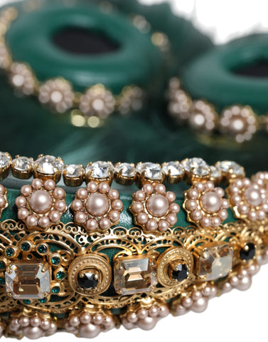 Green gold crystal fur Dolce & Gabbana headset with audio AUX headphones, featuring luxurious fur and decorative crystal details.