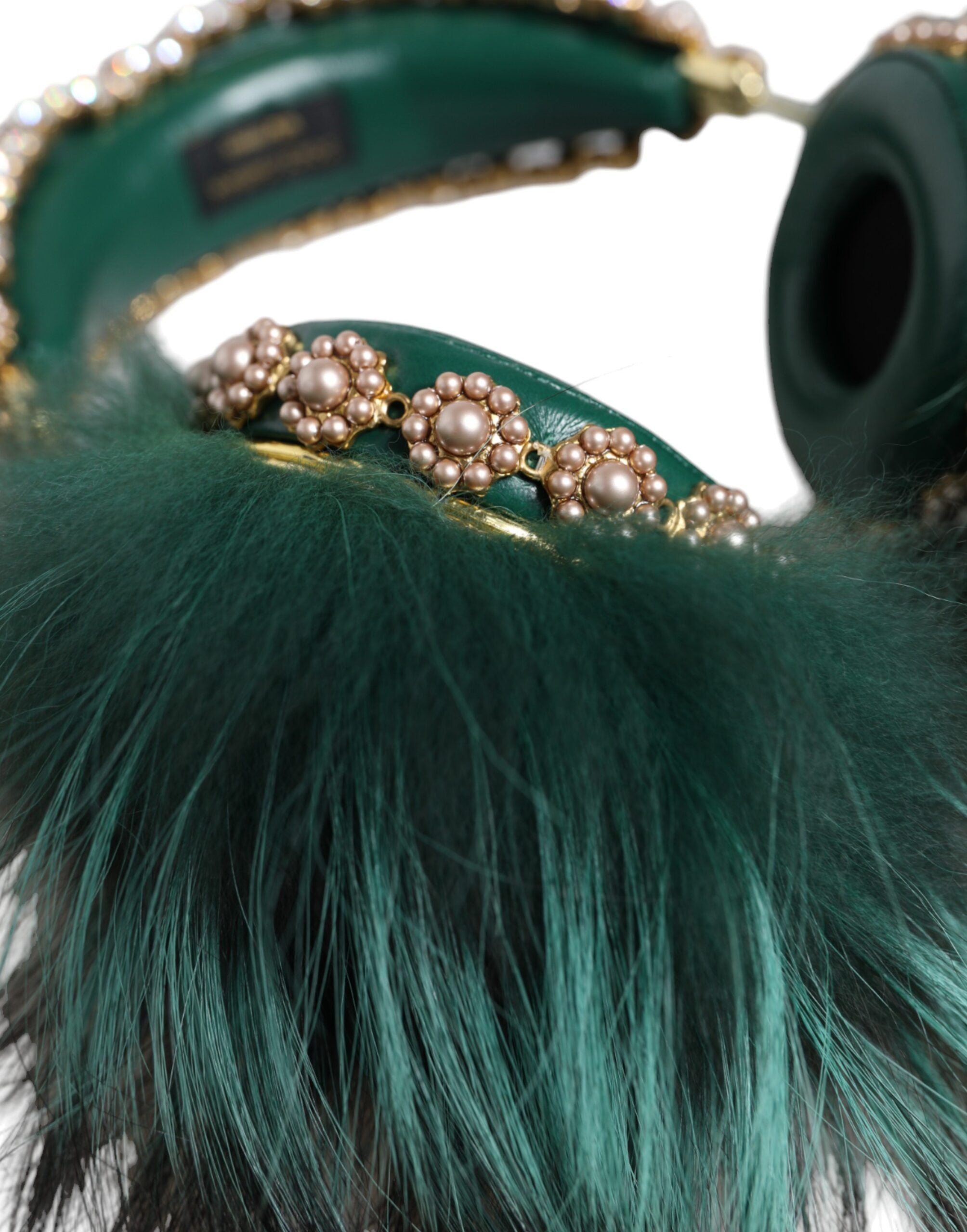 Green Gold Crystal Fur Dolce & Gabbana headset with audio AUX headphones, featuring luxurious fur and sparkling crystal accents.