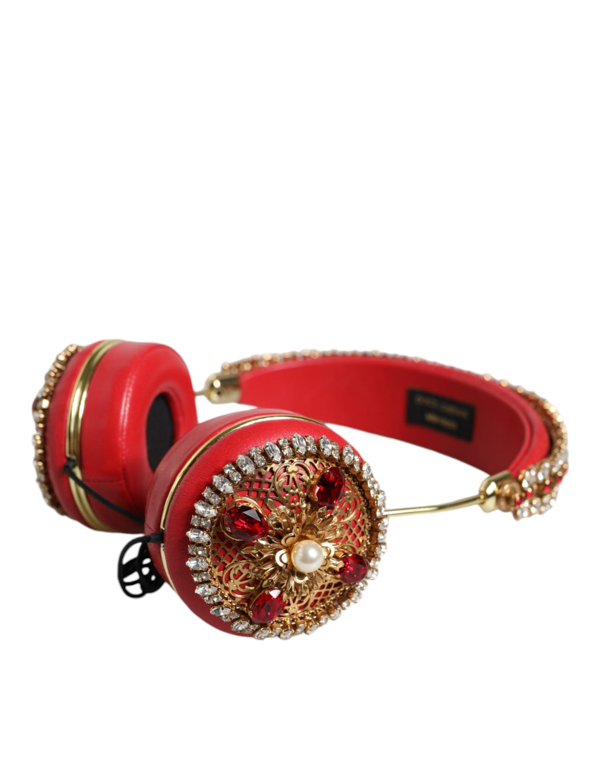 Dolce & Gabbana red nappa leather floral crystal headphone with intricate detailing and plush ear cushions.