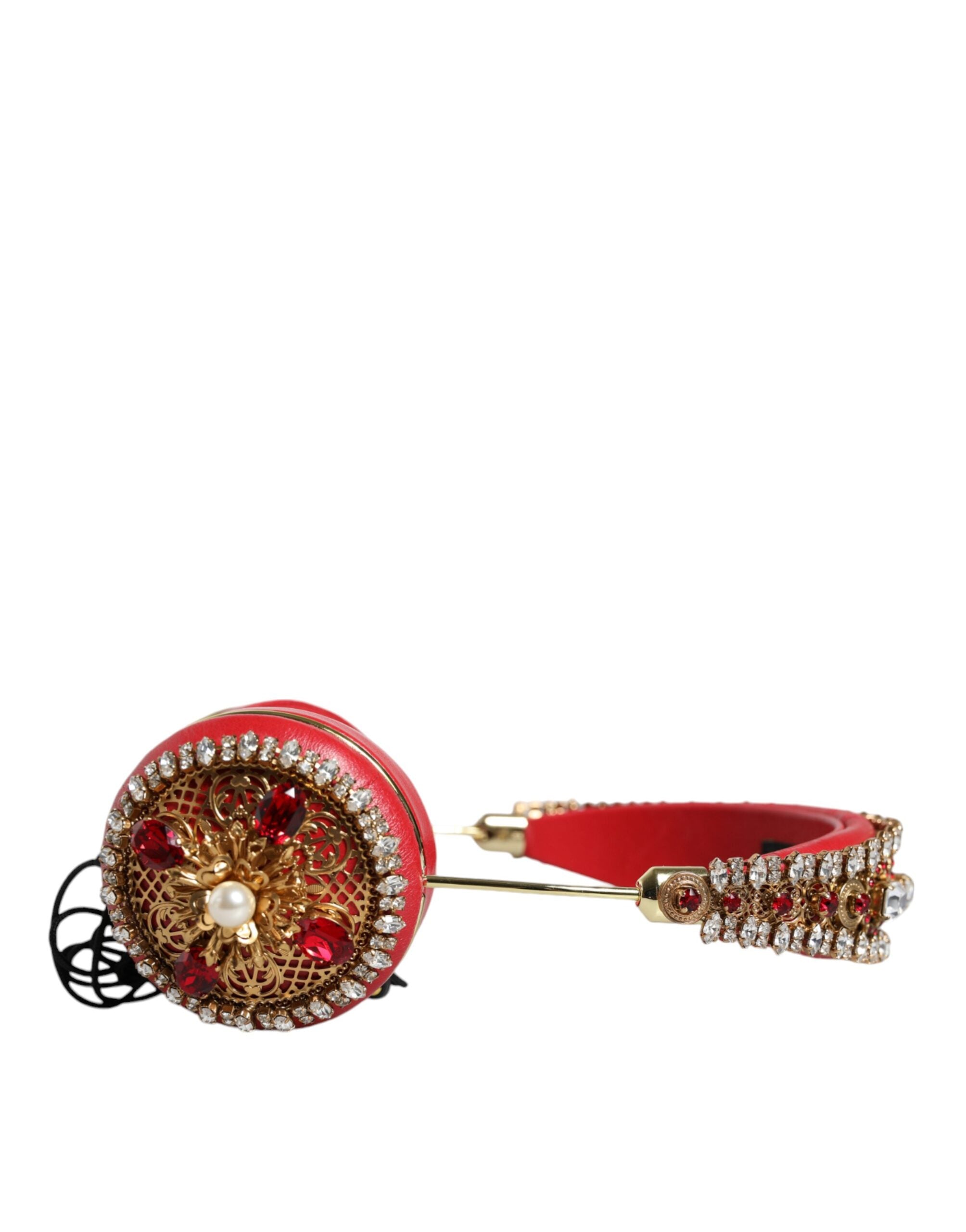 Red nappa leather floral crystal headphone by Dolce & Gabbana with intricate floral embellishments and crystal accents.