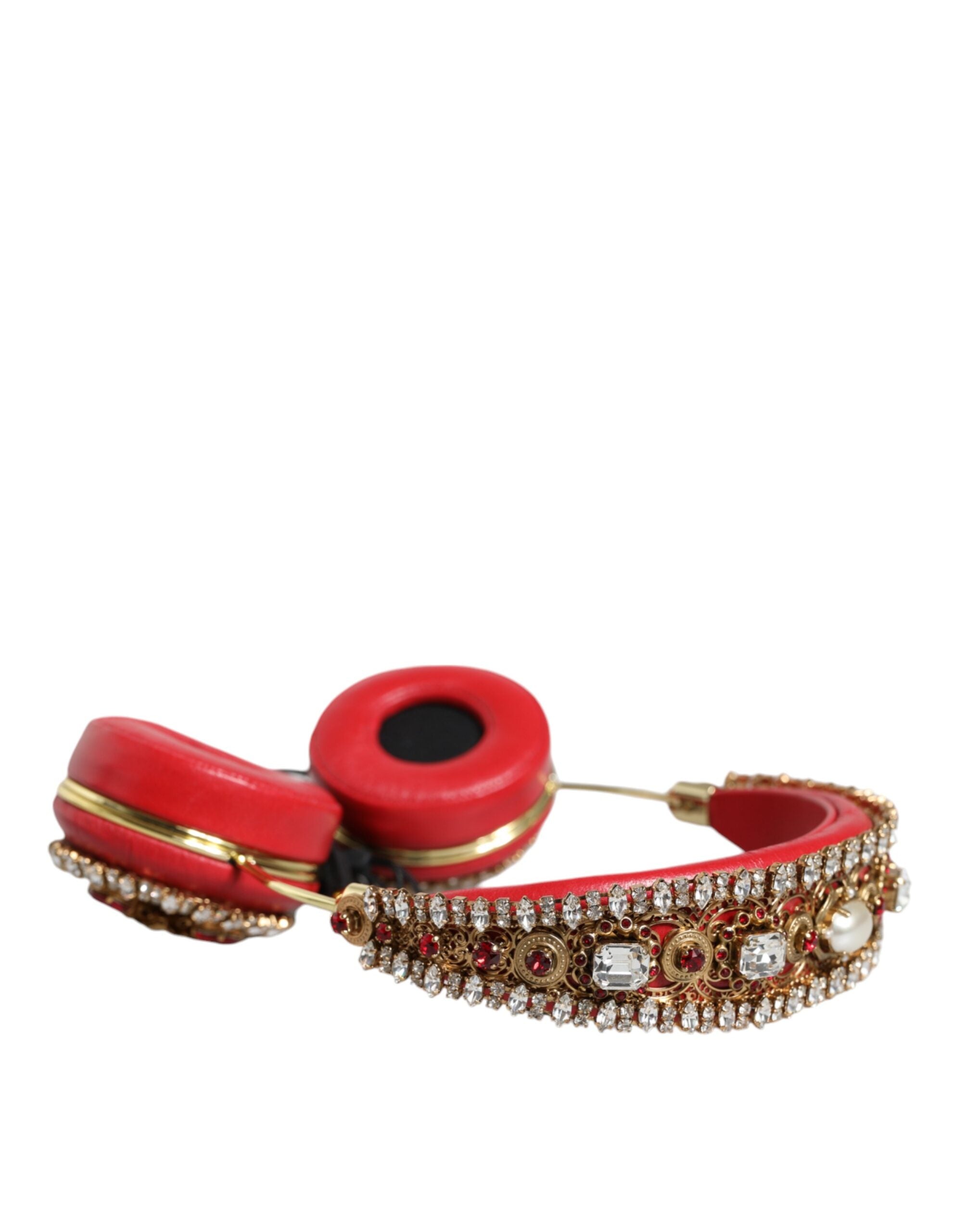Dolce & Gabbana red nappa leather floral crystal headphone with intricate detailing and luxurious design.