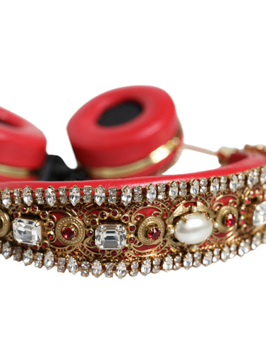 Red Nappa leather floral crystal headphone by Dolce & Gabbana with intricate floral details and sparkling crystal accents.