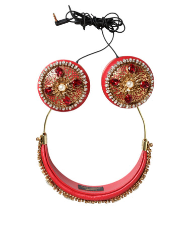 Dolce & Gabbana red Nappa leather floral crystal headphone with intricate detailing and luxurious design.