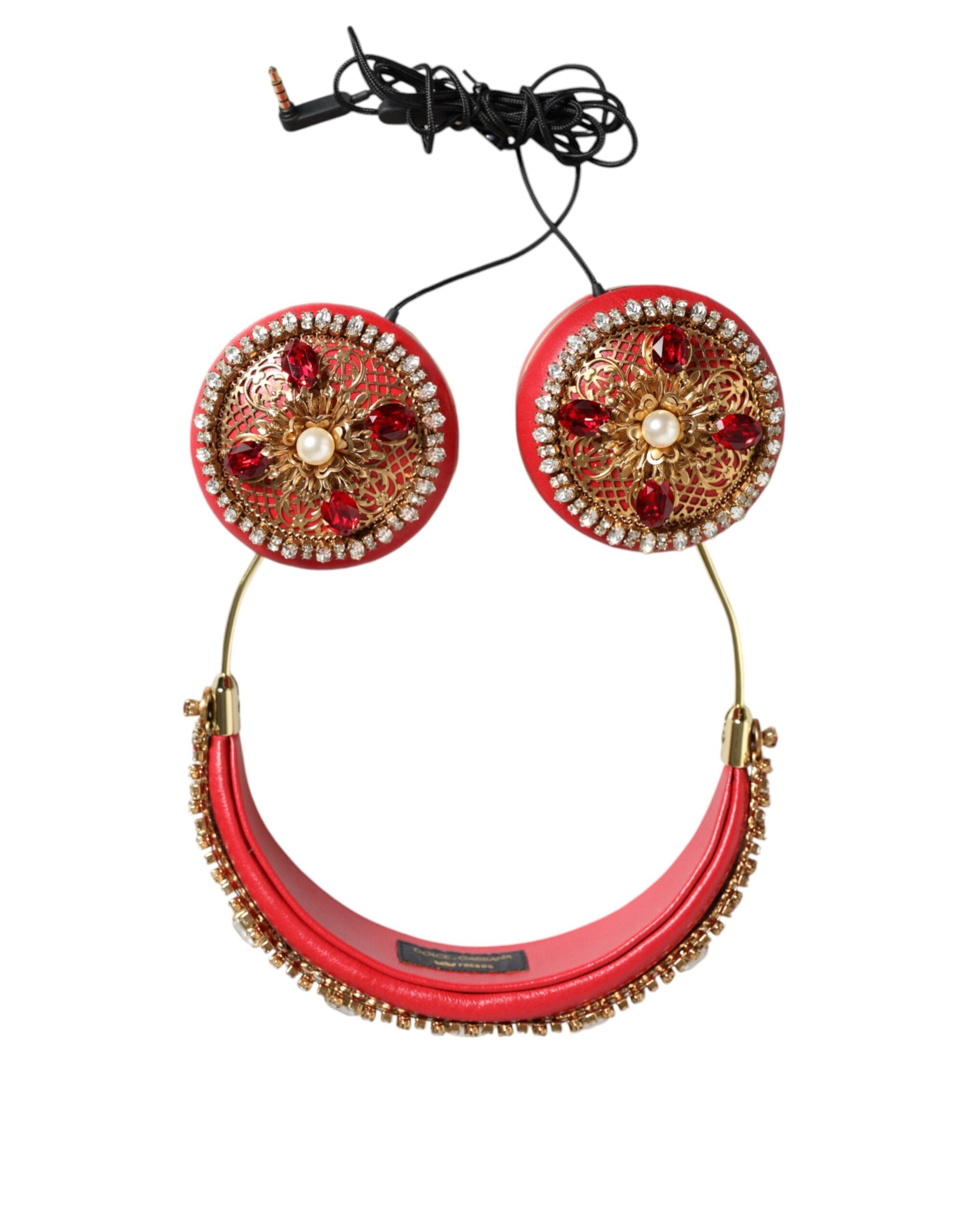 Red Nappa leather floral crystal headphone by Dolce & Gabbana, featuring intricate floral details and elegant crystal accents.