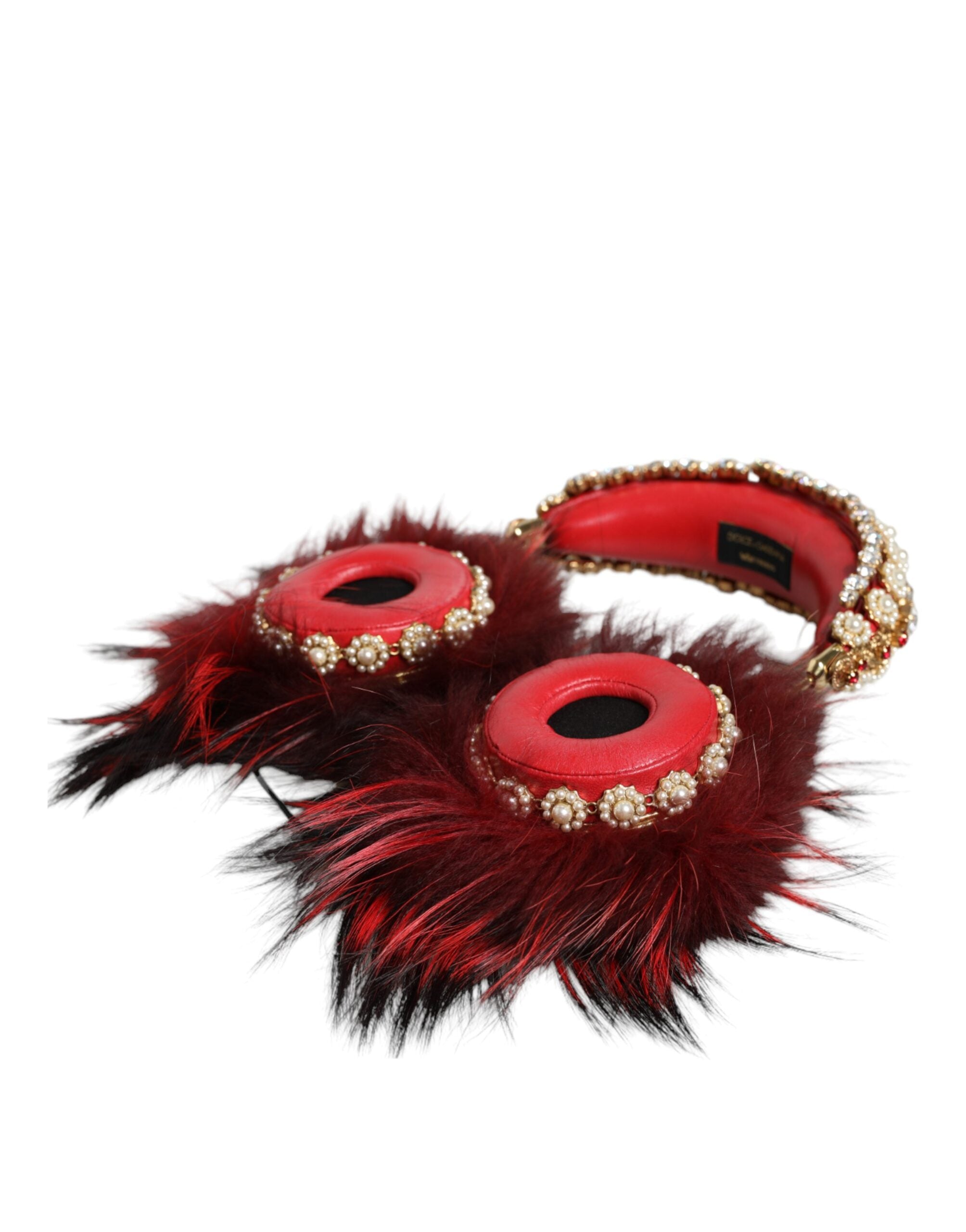 Red gold crystal fur Dolce & Gabbana headset with audio AUX headphones, featuring luxurious design and plush fur details.