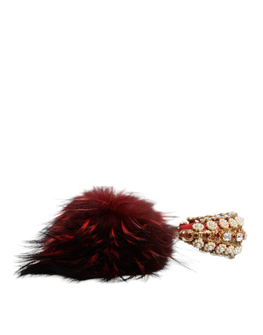 Red gold crystal fur Dolce & Gabbana headset with audio AUX headphones, featuring luxurious fur and crystal embellishments.