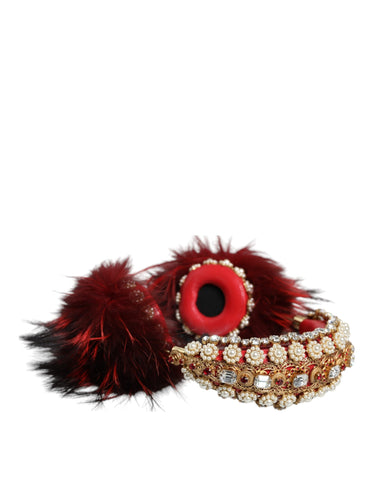 Red gold crystal fur Dolce & Gabbana headset with audio AUX headphones, featuring luxurious fur and crystal accents.