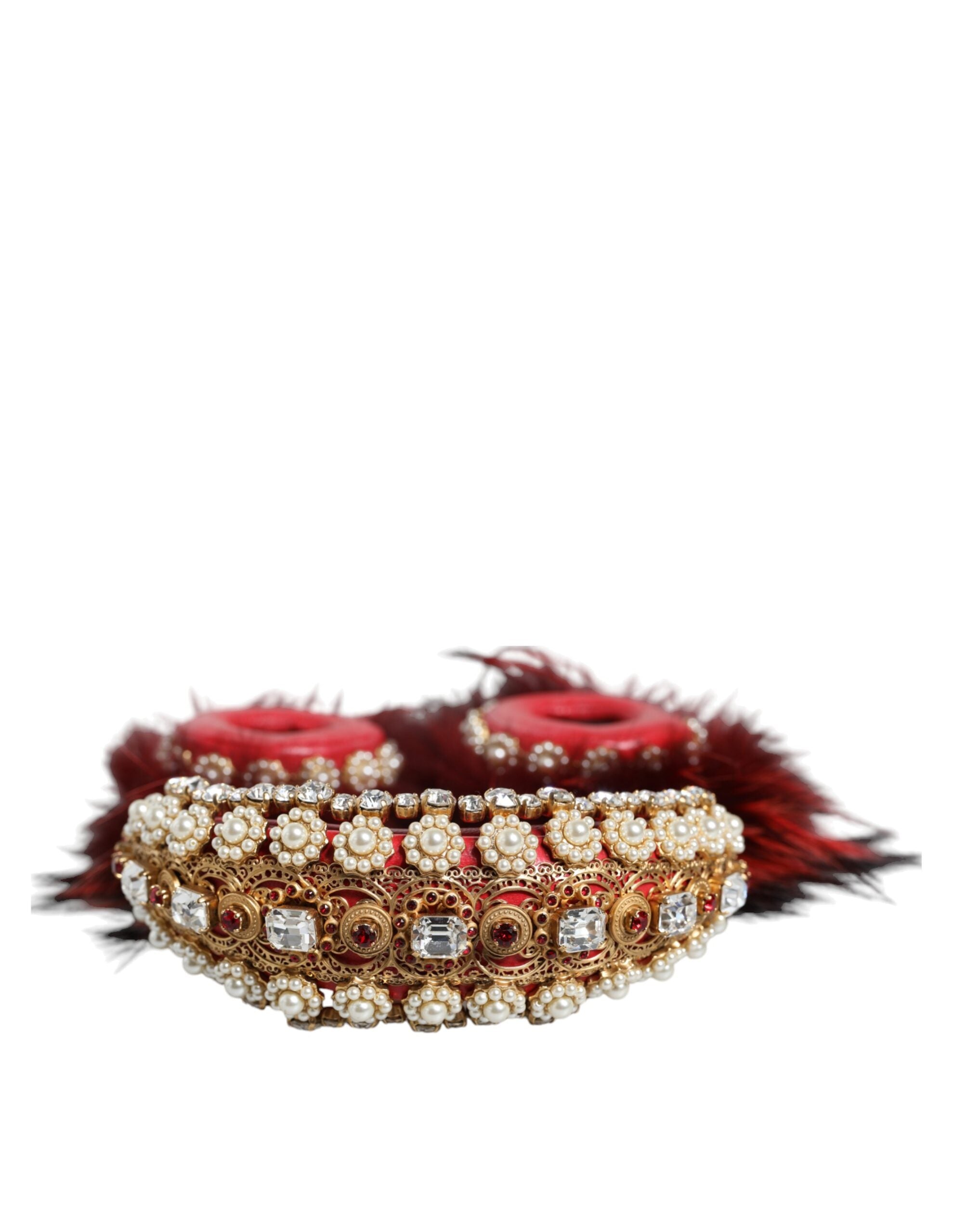 Red gold crystal fur Dolce & Gabbana headset with audio AUX headphones, featuring luxurious design and plush fur accents.
