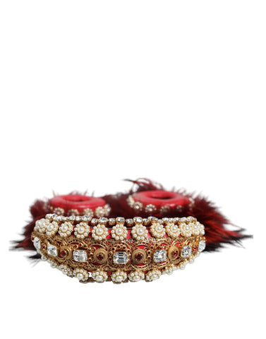 Red gold crystal fur Dolce & Gabbana headset with audio AUX headphones, featuring luxurious design and plush fur accents.