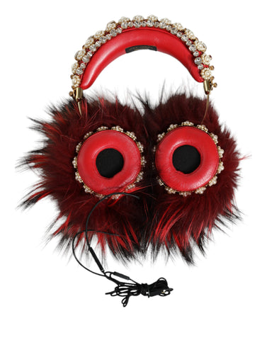 Red gold crystal fur Dolce & Gabbana headset with audio AUX headphones, featuring luxurious design and plush fur detailing.