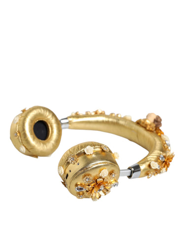 Gold leather floral crystal angel headset headphones by Dolce & Gabbana, featuring intricate floral details and elegant design.