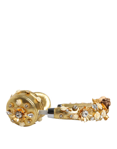 Gold leather floral crystal angel headset headphones by Dolce & Gabbana with intricate floral details and sparkling crystal accents.