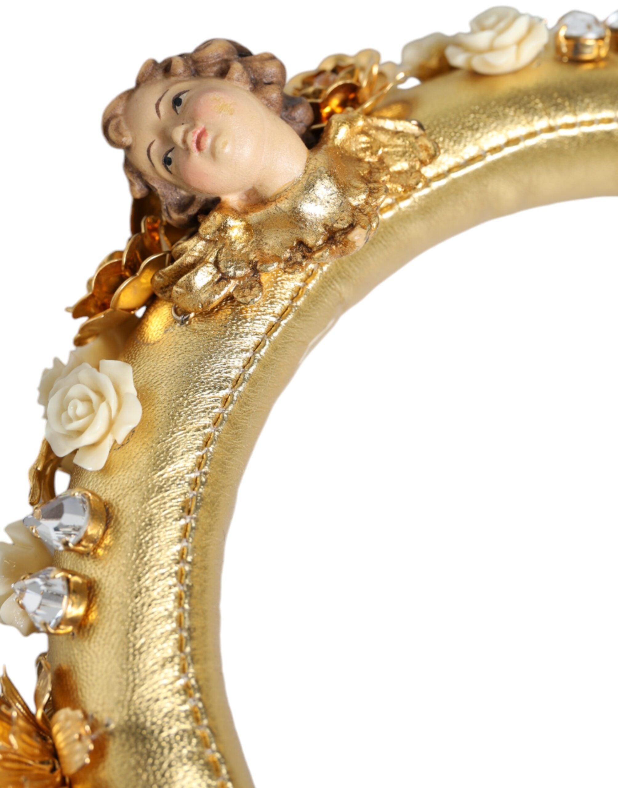 Dolce & Gabbana gold leather floral crystal angel headset headphones with intricate detailing and luxurious design.