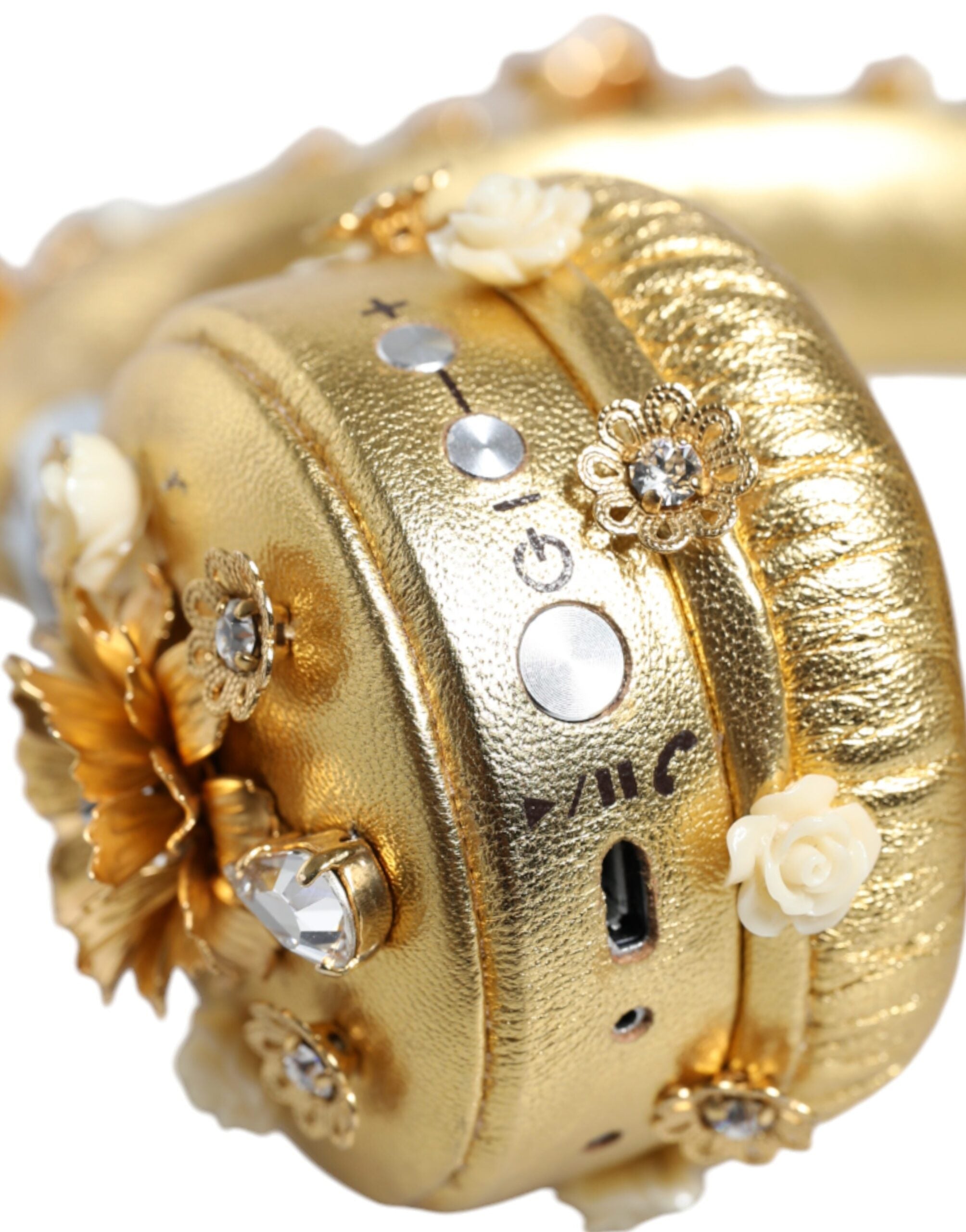 Gold leather floral crystal Dolce & Gabbana angel headset headphones with intricate floral and angel wing details.