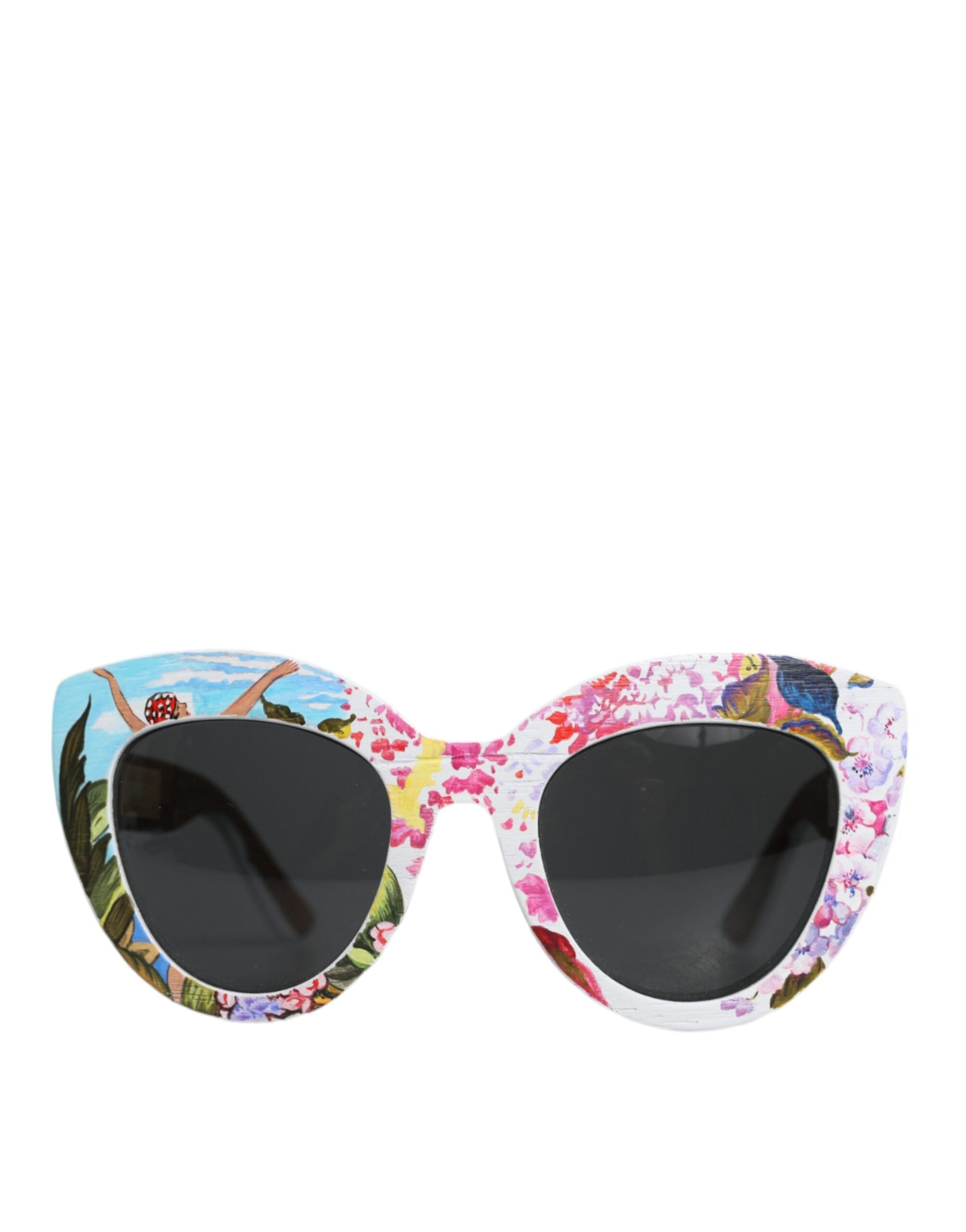 Multicolor wood and brass framed floral hand-painted sunglasses by Dolce & Gabbana with crystal accents.