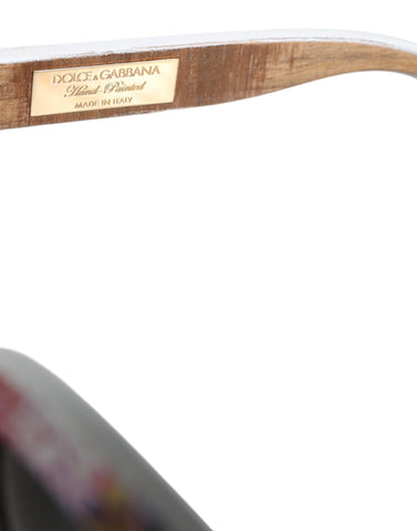 Multicolor wood and crystal floral frame sunglasses by Dolce & Gabbana with brass accents and hand-painted details.