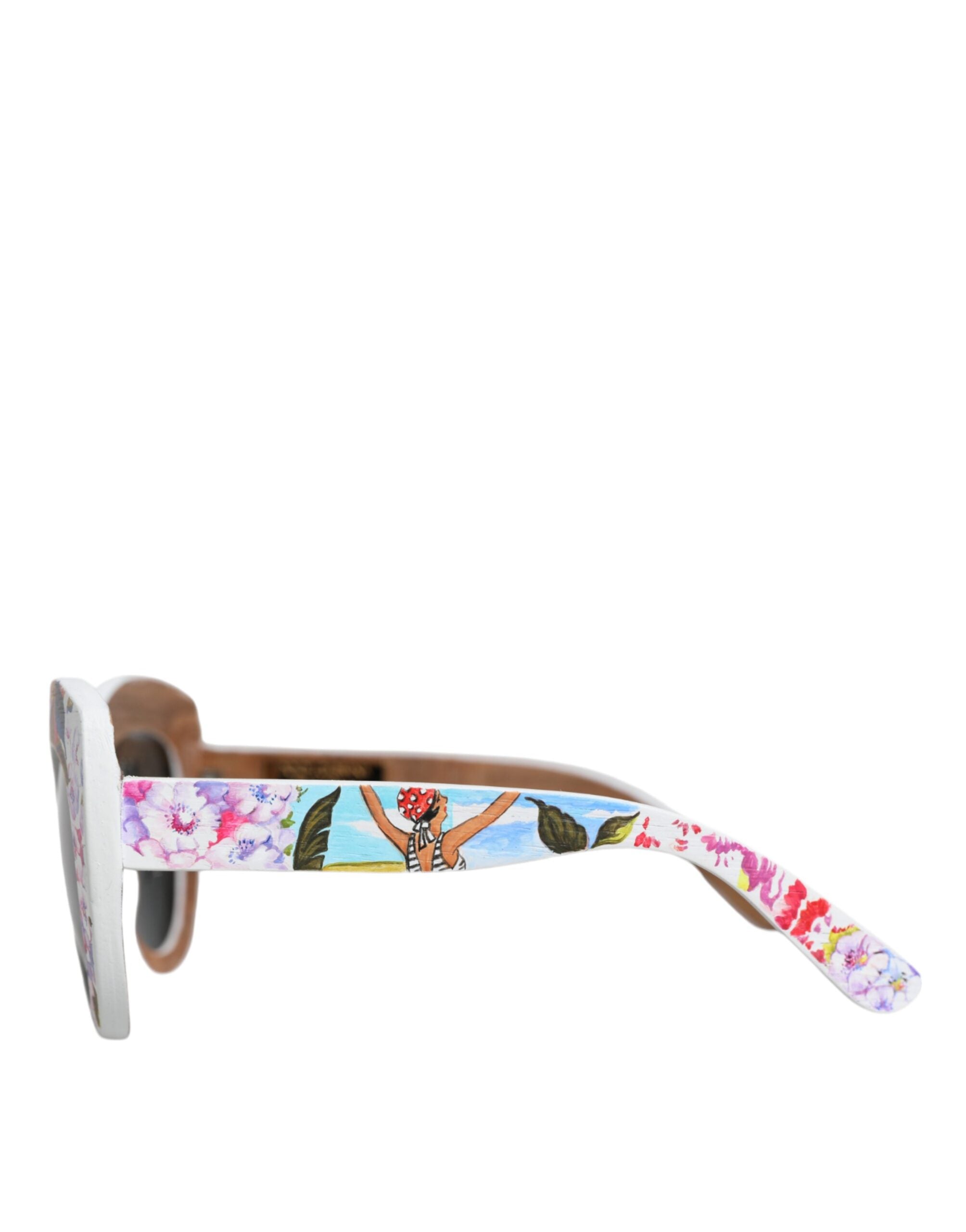 Multicolor wood and crystal floral frame Dolce & Gabbana sunglasses with brass accents, stylish hand-painted design.