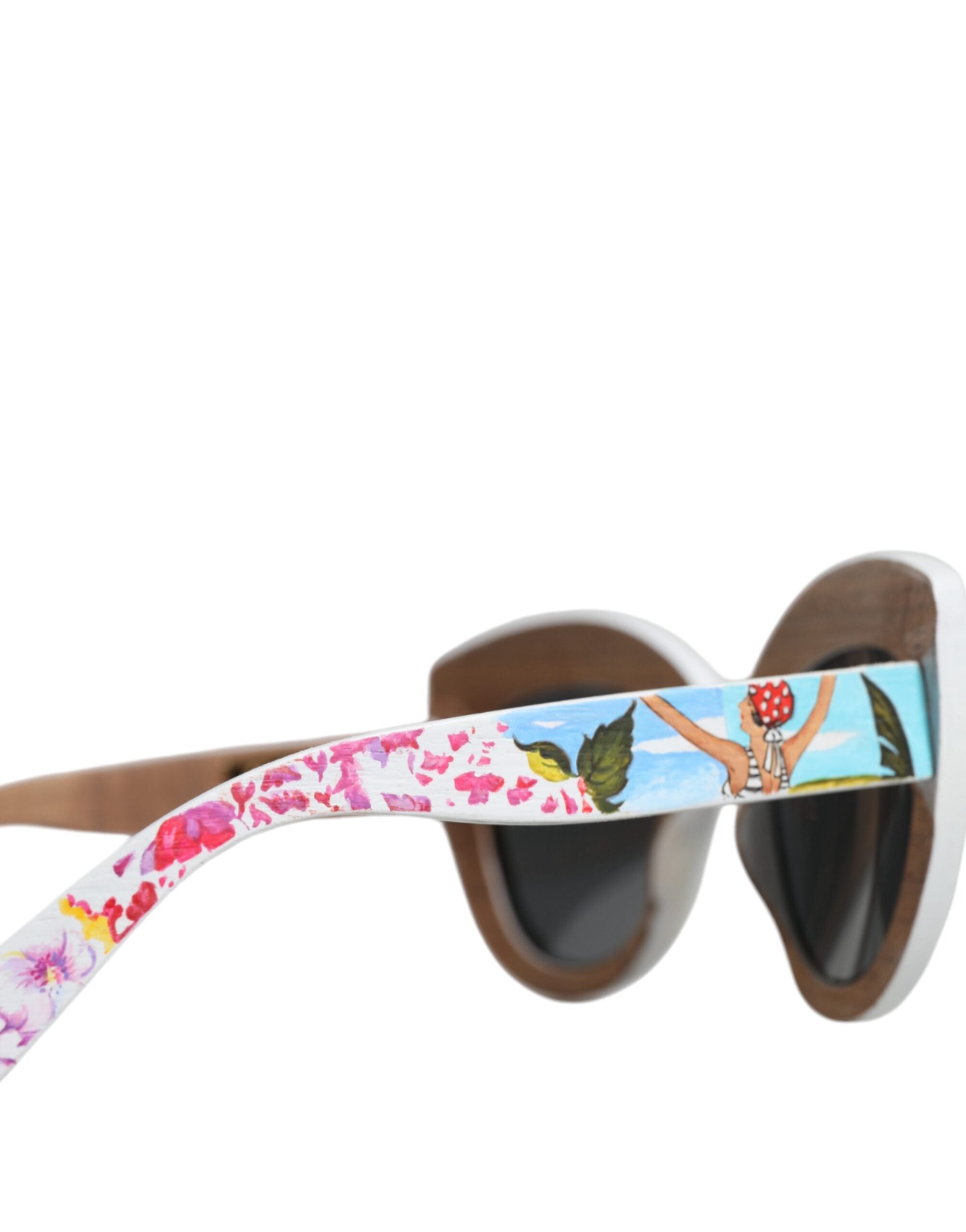 Multicolor wooden and brass framed floral sunglasses by Dolce & Gabbana, featuring hand-painted crystal accents.