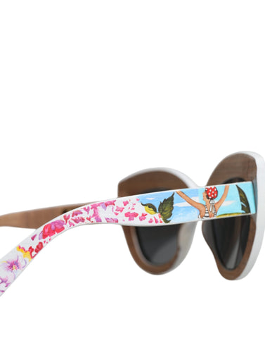Multicolor wooden and brass framed floral sunglasses by Dolce & Gabbana, featuring hand-painted crystal accents.