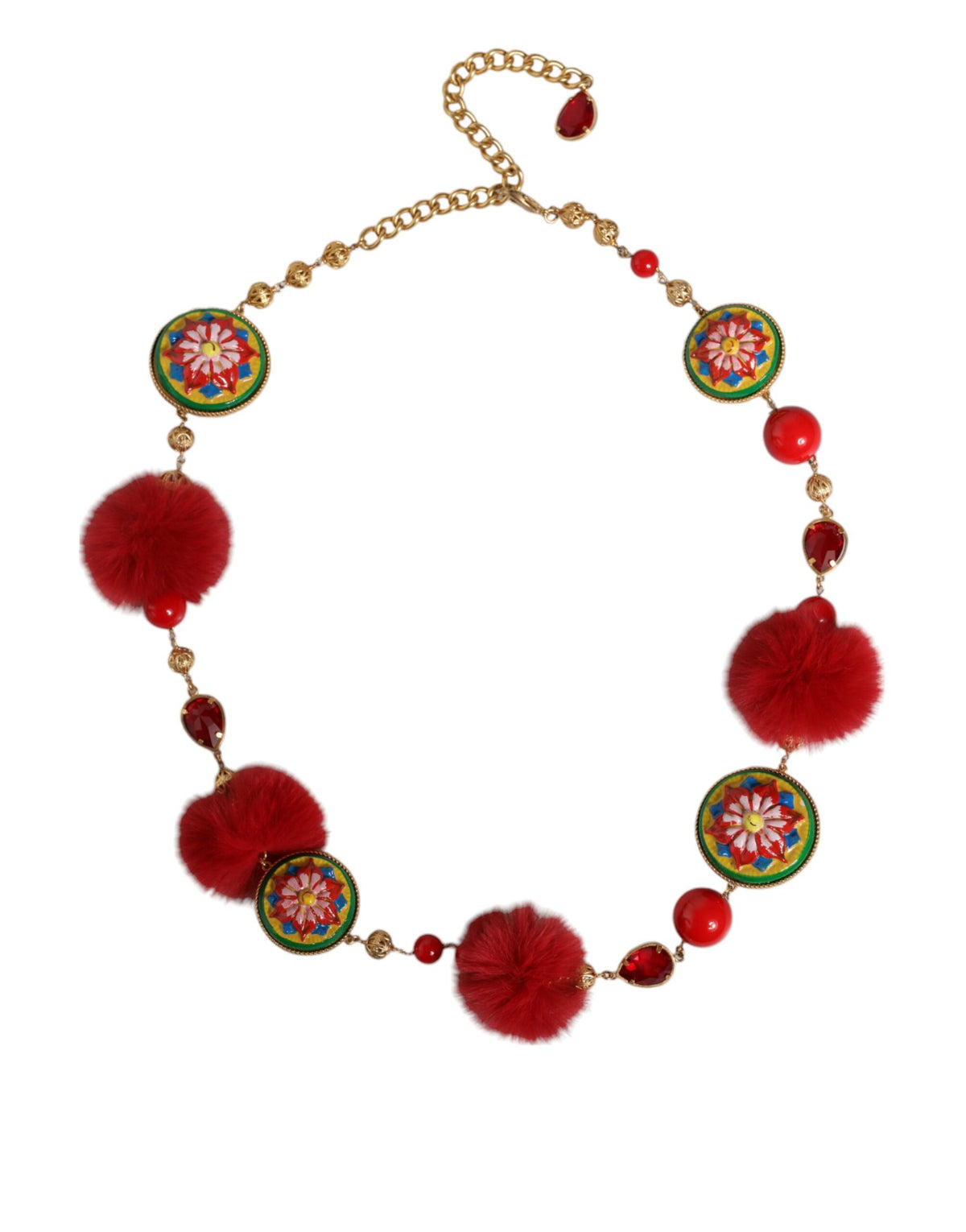 Gold brass waist belt with red fur and crystal accents, designed in a torero style by Dolce & Gabbana.