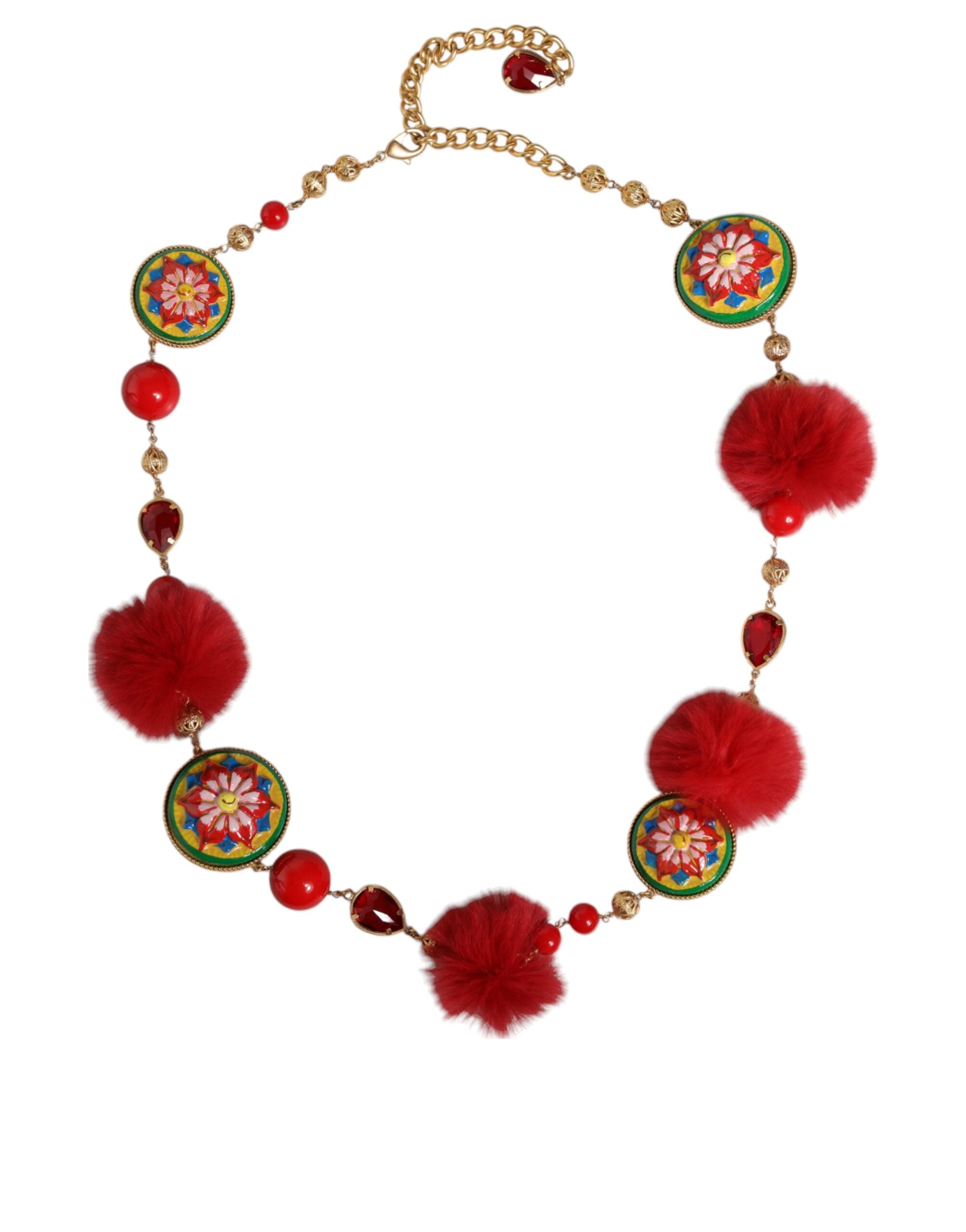 Gold brass waist torero belt with red fur and crystal accents by Dolce & Gabbana, featuring intricate detailing and bold style.