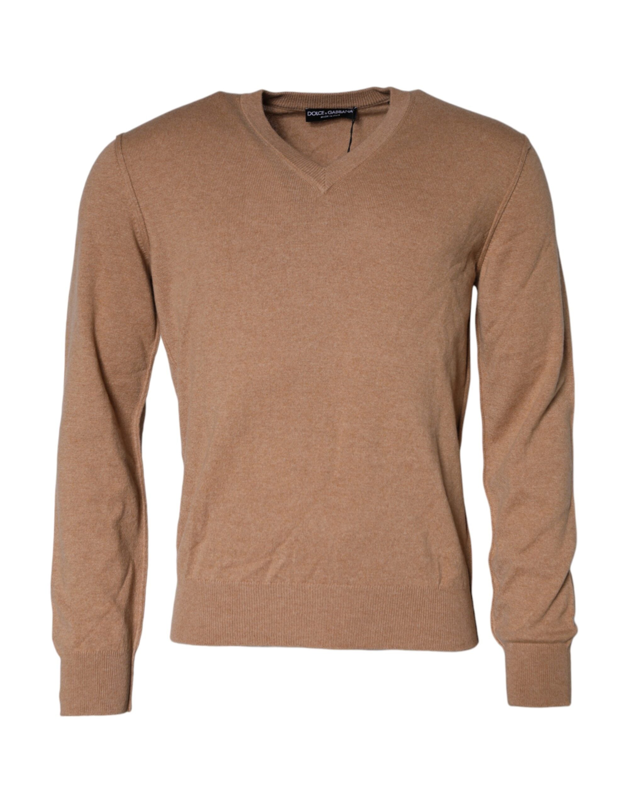 Brown Dolce & Gabbana cashmere knit V-neck pullover sweater displayed on a mannequin.