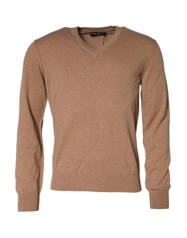 Brown Dolce & Gabbana cashmere knit V-neck pullover sweater displayed on a mannequin.