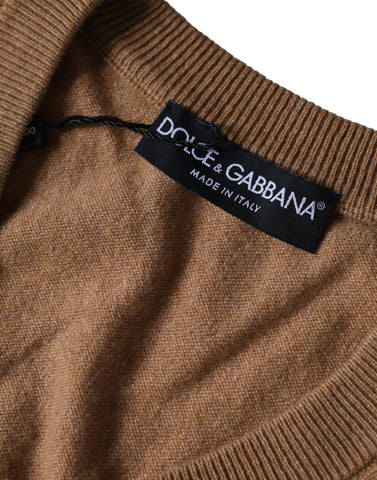 Dolce & Gabbana brown cashmere knit V-neck pullover sweater, close-up view of soft, textured fabric and V-neck design.