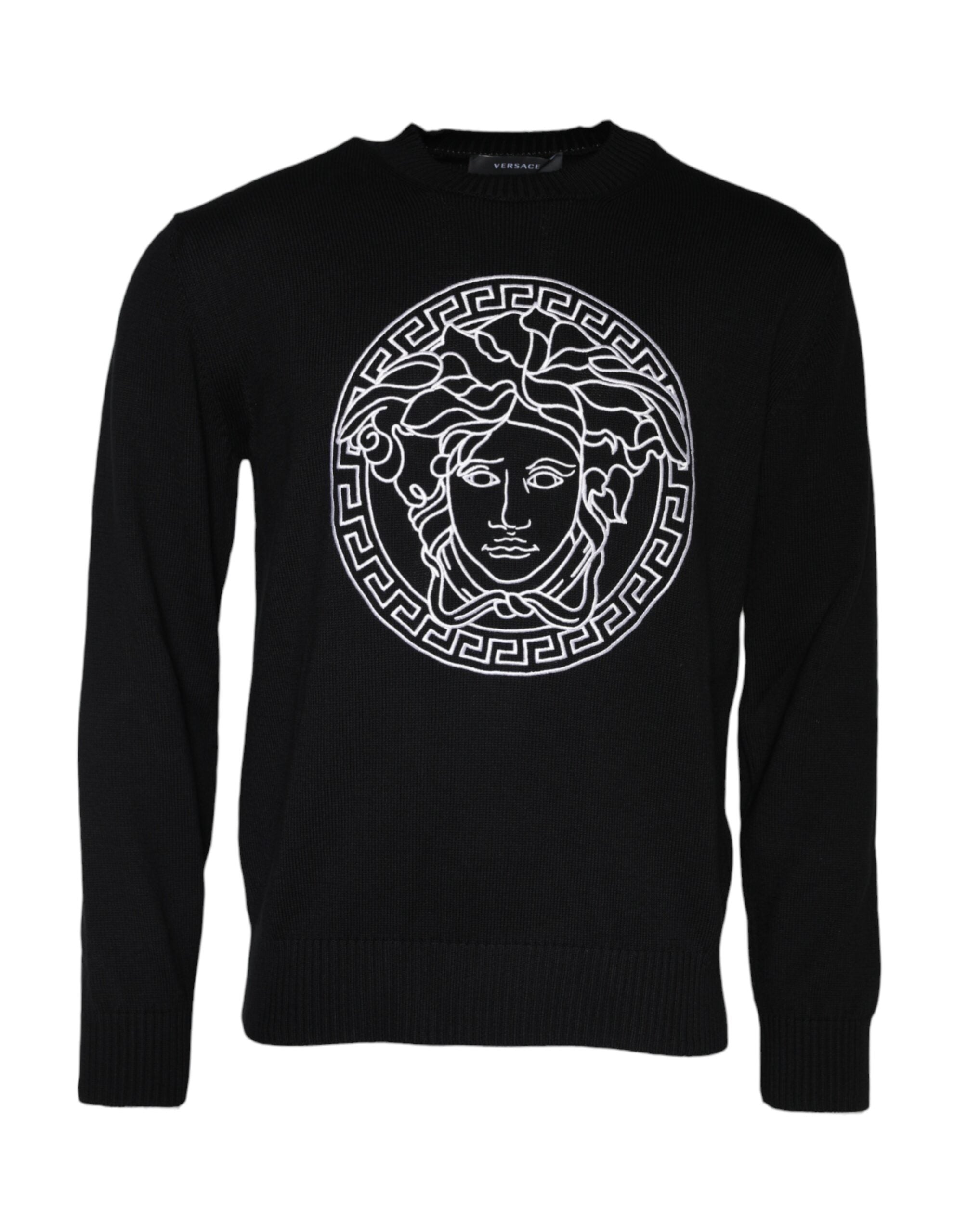 Versace black Medusa embroidery crew neck pullover sweater with detailed Medusa design on the front.