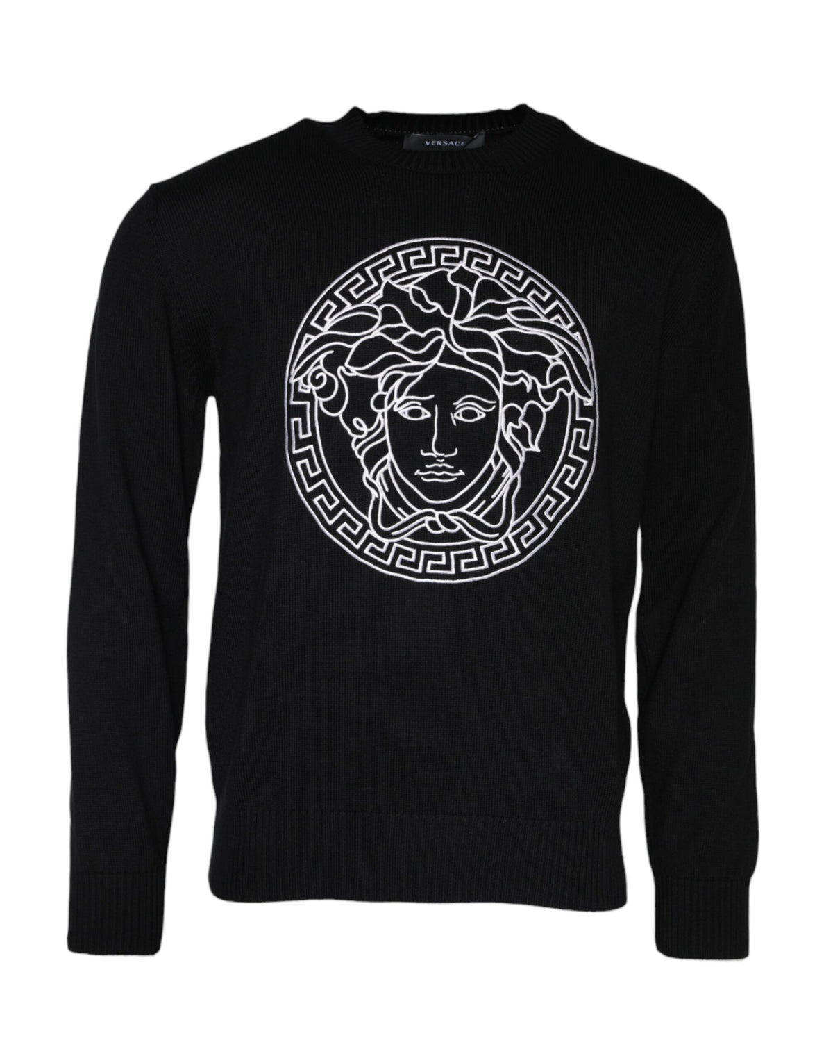 Versace black Medusa embroidery crew neck pullover sweater with detailed Medusa design on the front.
