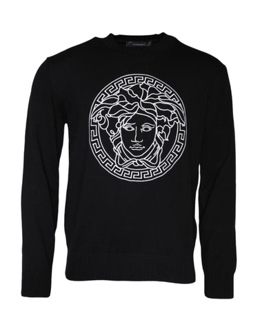 Versace black Medusa embroidery crew neck pullover sweater with detailed Medusa design on the front.