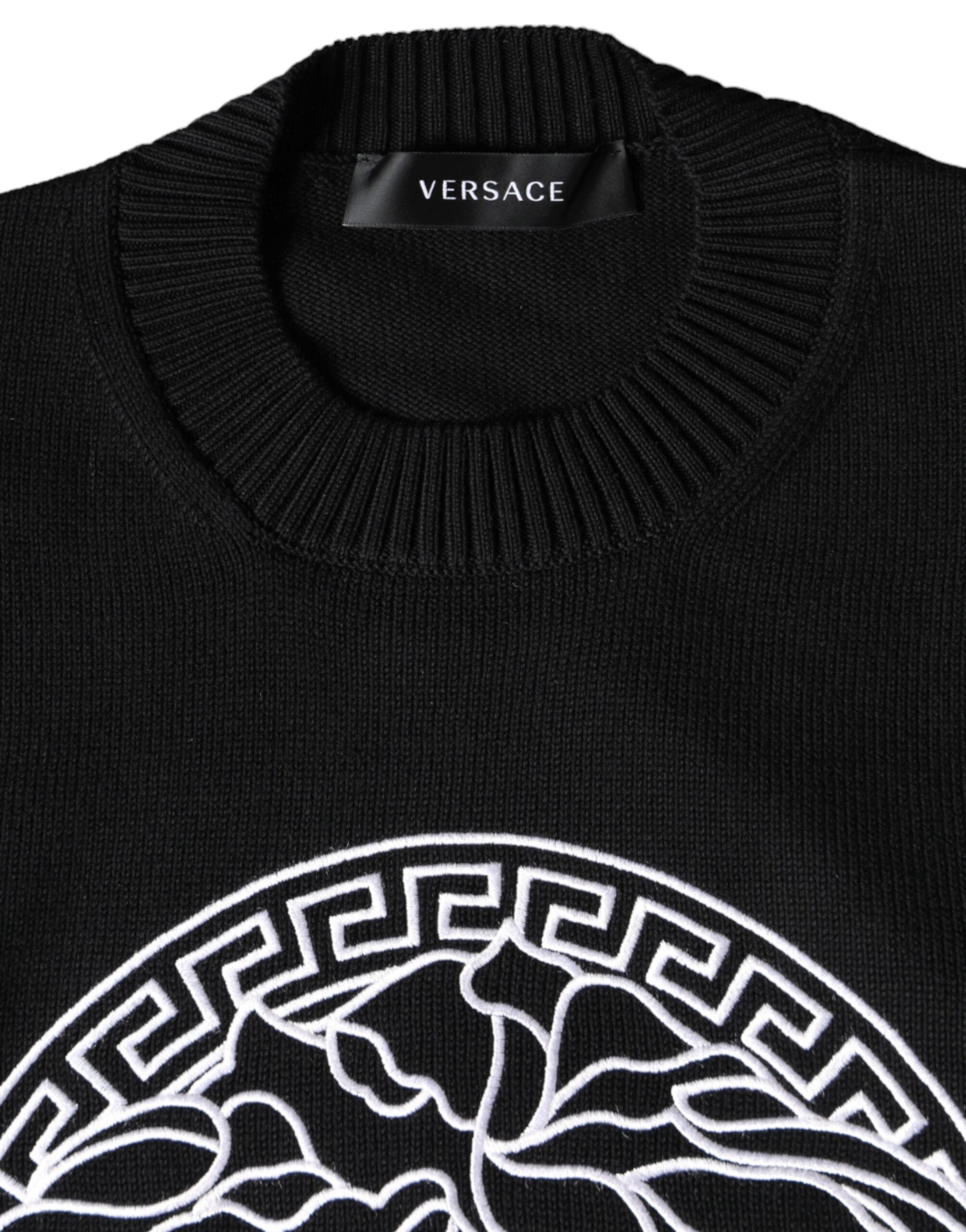 Versace Black Medusa embroidery crew neck pullover sweater with detailed Medusa design on front.