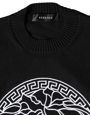 Versace Black Medusa embroidery crew neck pullover sweater with detailed Medusa design on front.