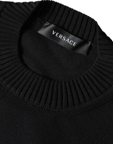 Versace black Medusa embroidery crew neck pullover sweater with detailed Medusa design on the front.