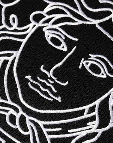 Versace Black Medusa embroidery crew neck pullover sweater with detailed Medusa design on the front.