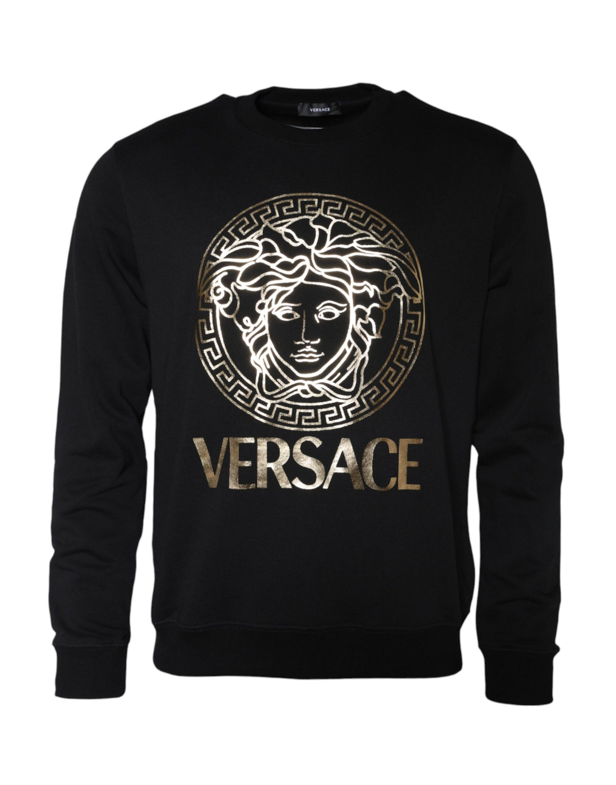 Versace black Medusa fleece cotton crew neck sweatshirt with bold Medusa logo design and comfortable fit.