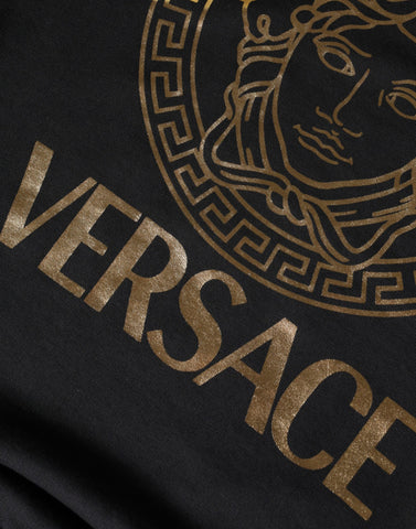 Black Medusa fleece cotton crew neck sweatshirt by Versace, featuring Medusa design on the front, casual and stylish.