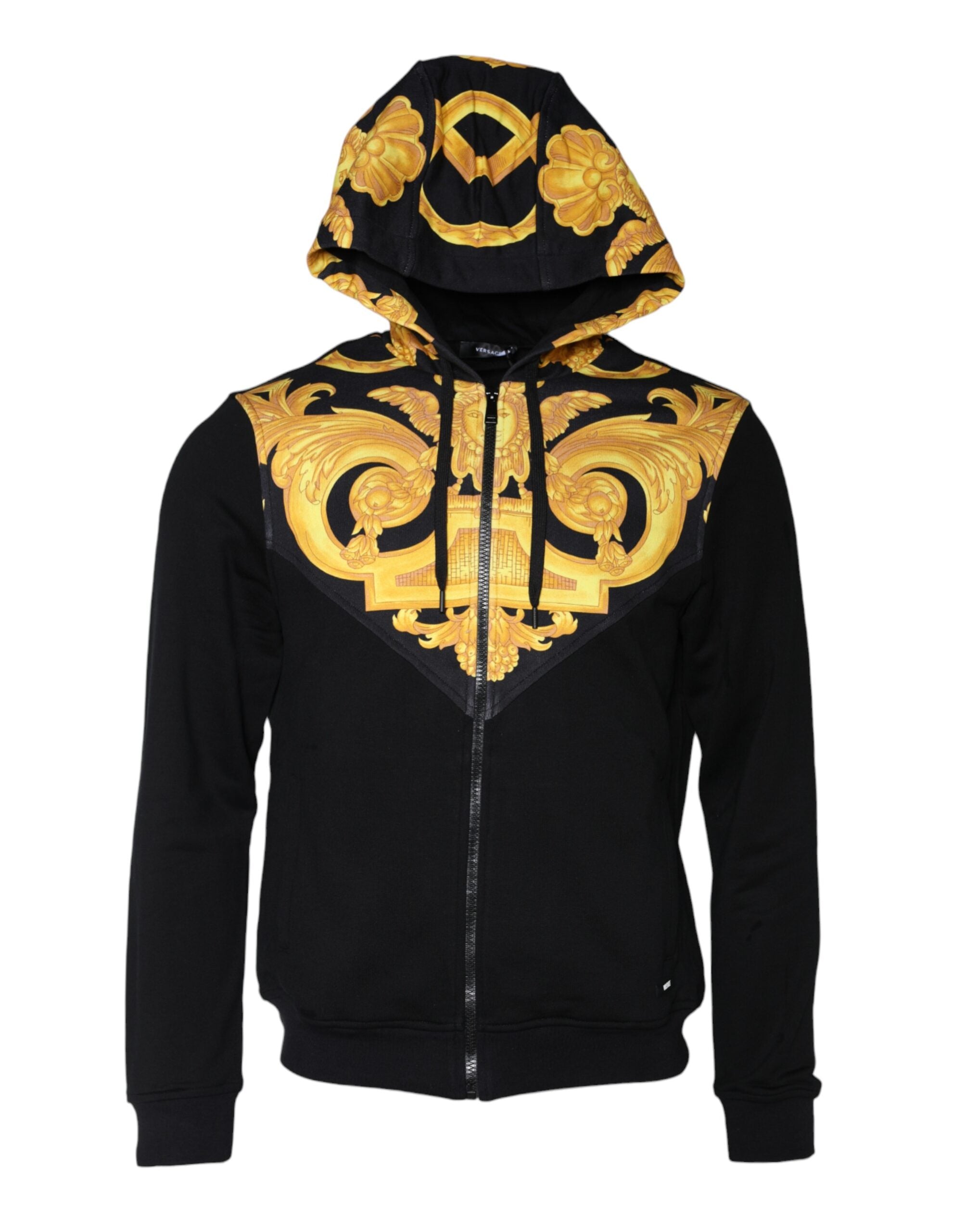 Black Versace Medusa print cotton full-zip hoodie with front pockets and long sleeves, featuring bold Medusa design on the chest.